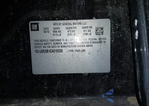 2012 Chevrolet Sonic 1Lt from USA, damaged, VIN 1G1JD5SB1C4216028